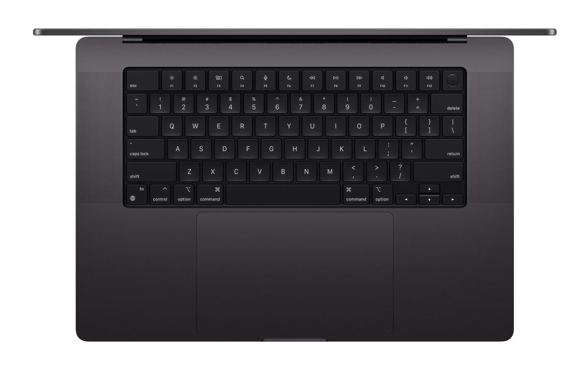 Top down view of a 14 inch MacBook Pro, open, showing the keyboard and trackpad