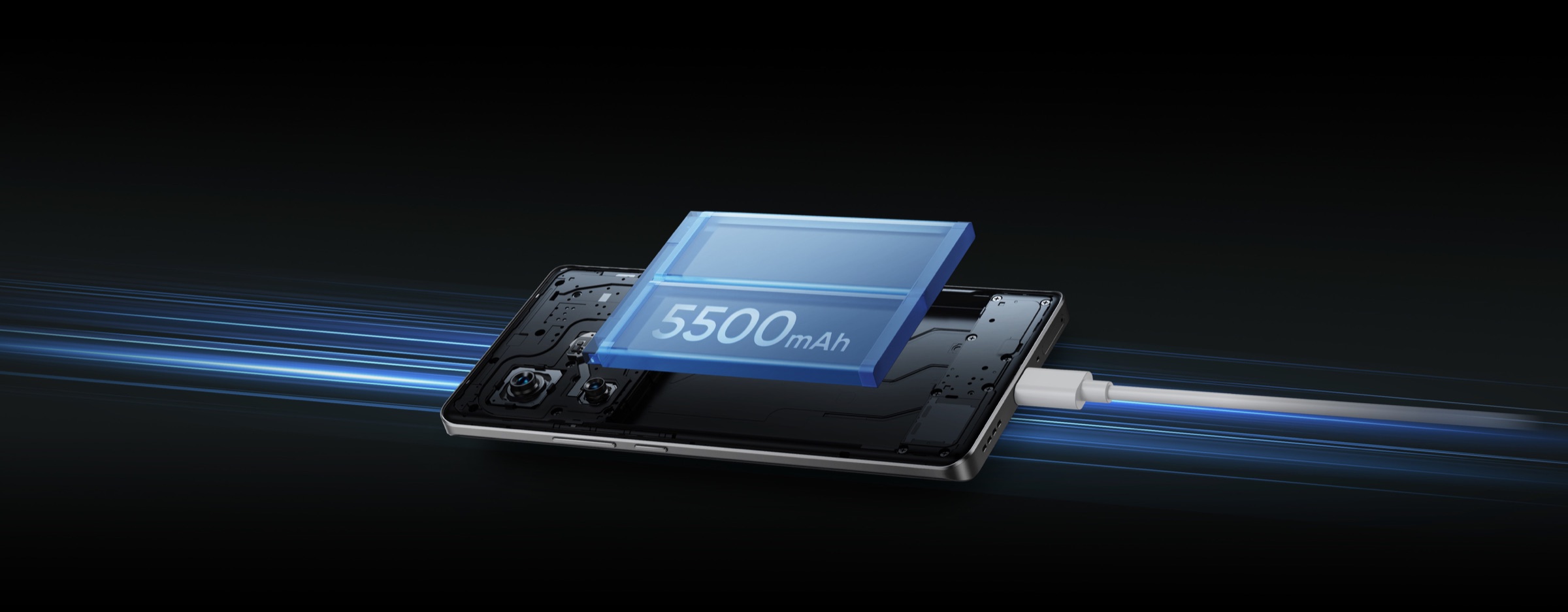 Exploded render of the realme GT 6 showing its 5500mAh battery cell and 120W SUPERVOOC charging cable