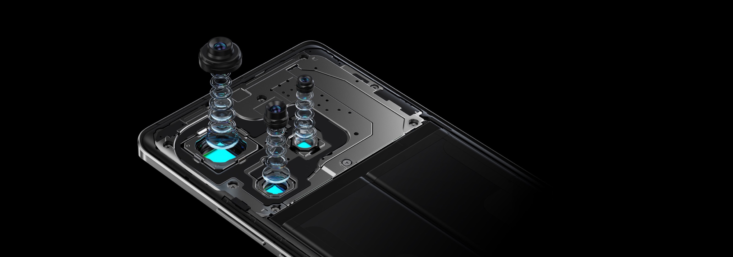Exploded render of the realme GT 6's triple rear camera lens stack, showing the main, telephoto and ultrawide modules