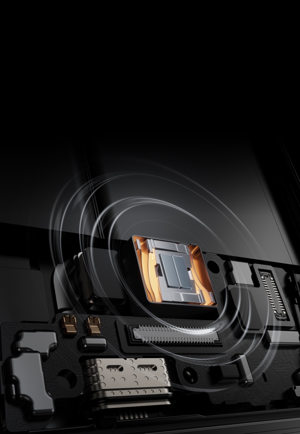 Macro render of the realme GT 6's Snapdragon 8s Gen 3 chipset seated on its circuit board