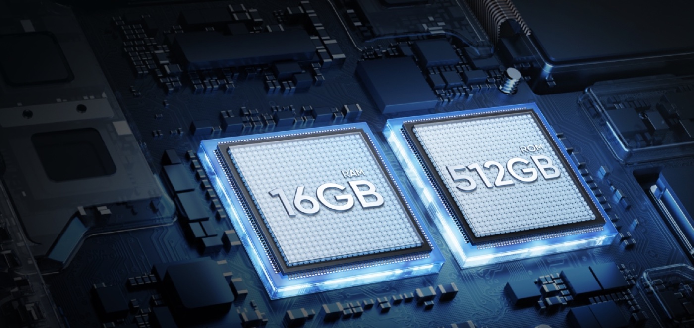 Close up render of the realme GT 6's 16GB RAM and 512GB storage chips highlighted on its circuit board