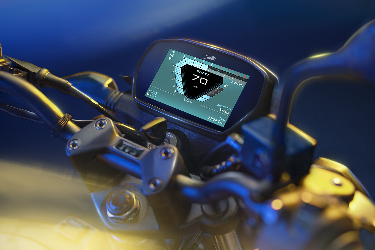 Close-up macro of the TVS Raider's digital instrument cluster showing 70 km/h and an odometer reading of 13,614.3 kilometres
